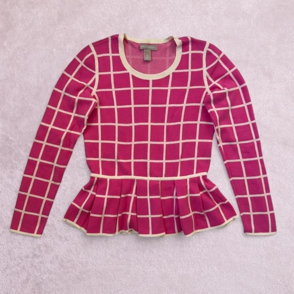 Banana Republic pink & white checkered cotton‎ sweater peplum top